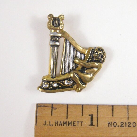 Harp Lyre Figure Brooch 1.2 In Pin Toledo Damascene STYLE Goldtone VTG Spain - Picture 2 of 5